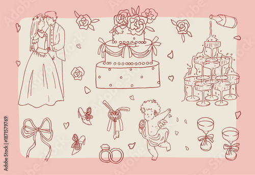 Whimsical rococo wedding line art doodles. Hand drawn Ink vector set of romantic celebration icons