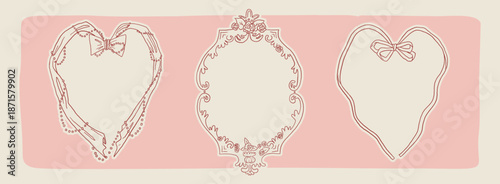 Collection of heart shaped Valentine's decorative whimsical frames in coquette style on a light pink background. Lace bows  frame in rococo love opera aesthetic. Vector hand drawn graphic set