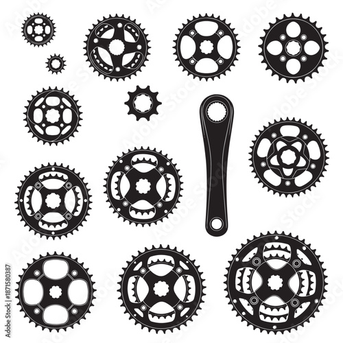 Detailed vector illustration featuring an assortment of bicycle chainrings and a crank arm, perfect for cycling enthusiasts and design projects.