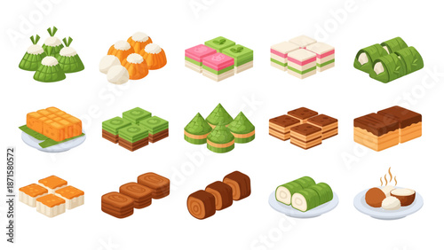 Indonesian Traditional Cake Illustration Set, Asian Street Food Snacks, Kue Basah, and Sweet Desserts Isometric Vector Collection
