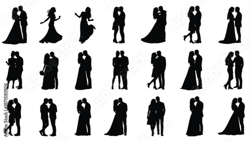Romantic Couple Poses Silhouette Sets Love Bride Groom Poses, Valentine’s, Wedding
