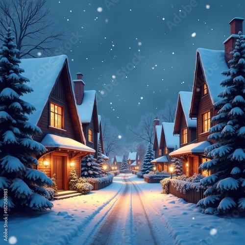 Snowy village at night, warm windows light, snowfall, cozy and magical winter night, fairy tale atmosphere