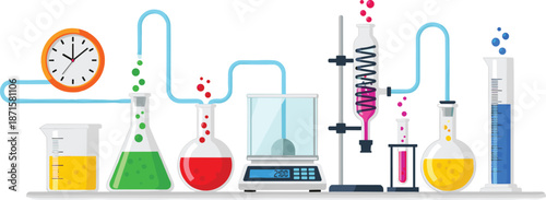 Colorful chemistry laboratory illustration, scientific experiment setup with glassware, flasks, tubes, liquids, research concept, education, science background
