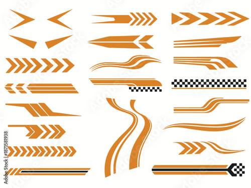 A collection of orange racing stripes and graphic elements for vehicle decoration and design.