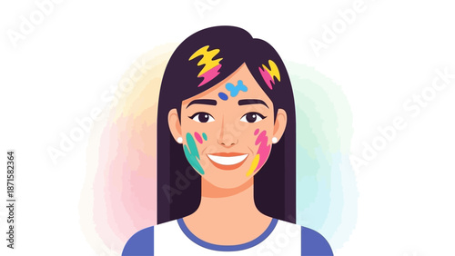 This heartwarming flat design illustration portrays a cheerful young woman with her face playfully painted in vibrant Holi colors, radiating joy and happiness. The modern artwork captures the festive 