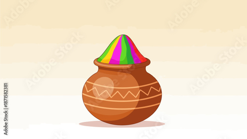 UntitledA charming flat design illustration featuring a traditional clay pot overflowing with vibrant, layered gulal powder, symbolizing the abundance of Holi