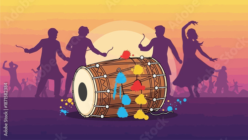 A striking flat design illustration featuring a traditional Dhol drum, subtly adorned with colors, set against a dynamic background of people dancing in Holi celebrations