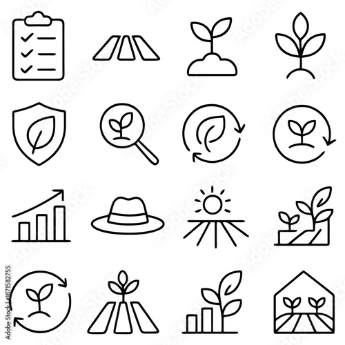 Eco-Friendly Farming: A collection of simple line illustrations related to agriculture and sustainability.