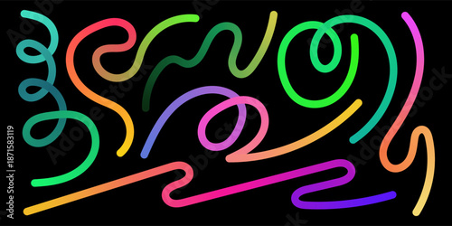 Multi colored 3d splines and neon green squiggles form a chaotic, joyful carnival pattern. These smooth gradient curls and fluid wavy lines create a vibrant backdrop for festive children's events.