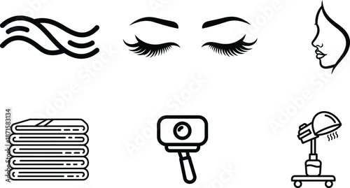 black and white illustrations of beauty and hair care products and tools