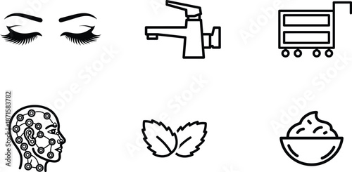Collection of various line art icons including eyes with long eyelashes a faucet a cart a robotic head leaves and a bowl of whipped cream
