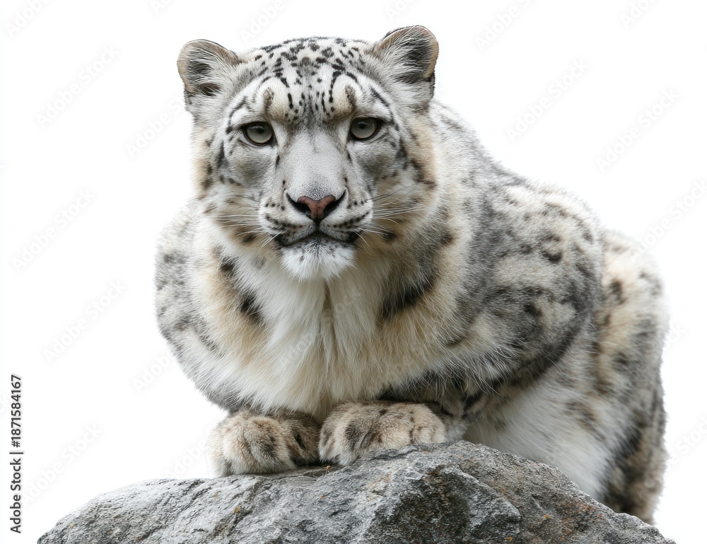 Fototapeta premium A snow leopard rests on a rock, its fur patterned, gazing forward. Bright, clean background