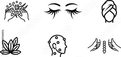 Spa and beauty icons including face skin care and hair treatment  set of line illustrations