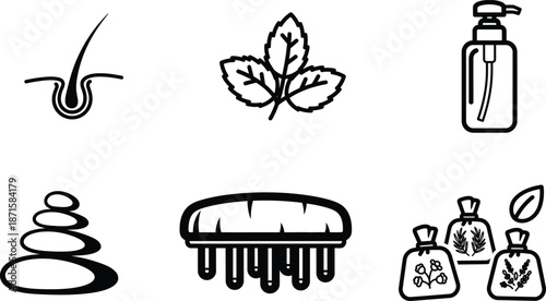 Spa and wellness icons including leaf soap bottle stones brush and herbal bags