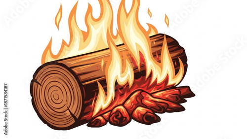 A detailed illustration of a burning log with vibrant orange and yellow flames on a white background