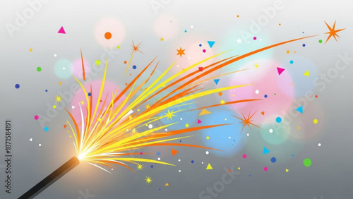 Vibrant sparkler emits colorful sparks and confetti on gray background for celebration with party and fireworks