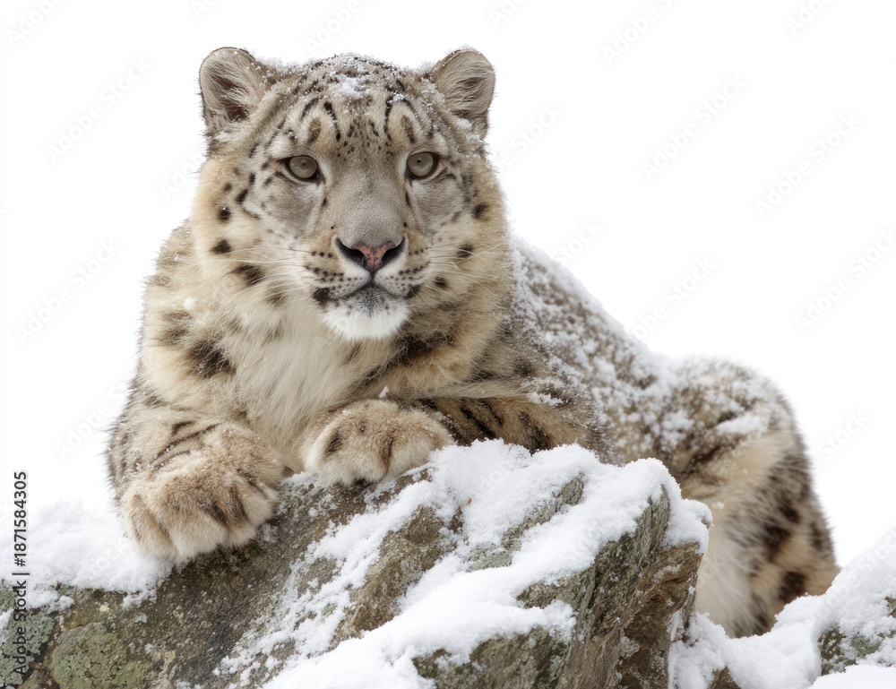 Fototapeta premium A majestic snow leopard, spotted coat, resting on a snowy rock, white background