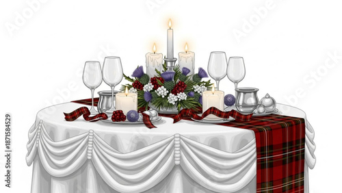 A beautifully set table with white tablecloth and red plaid runner adorned with elegant candles and a vibrant floral centerpiece