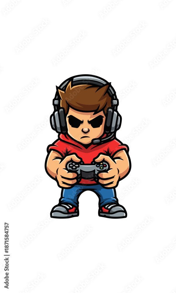 Fototapeta premium Cartoon Gamer Character with Headphones Holding a Controller.