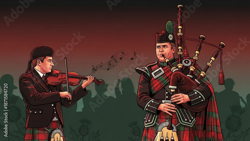   burn night Scottish musicians playing bagpipes and violin in traditional kilts and formal wear with silhouettes in background at dusk