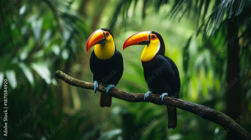 Obraz premium Colorful toucans perched on a branch in a tropical rainforest with green plants in the background during daylight hours
