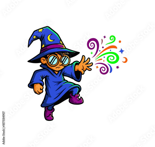 Cartoon Wizard Boy Casting Spell with Colorful Magic.