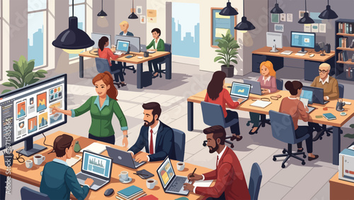A bustling office scene with coworkers collaborating