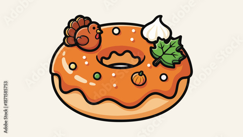 A cartoon donut with orange frosting and toppings
