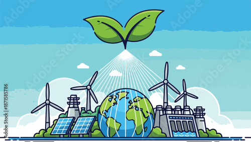 A cartoon graphic of renewable energy sources on a small island