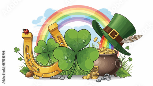 A cartoon image of a pot of gold at the end of a rainbow