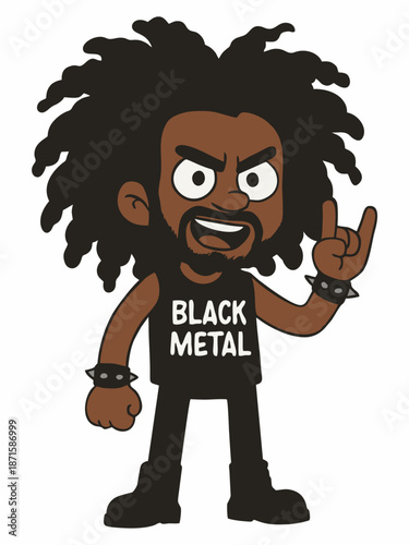 Angry Black Metal Cartoon Character with Rock Hand Gesture