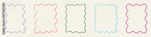 Zig zag wavy edge rectangle frame or border shapes set. Rectangle shapes with curvy squiggly doodle lines. Abstract elements for template, stickers, promo material, web or social media design.