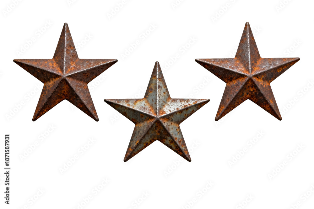 Fototapeta premium Three Rusty Metal Stars on White Background
