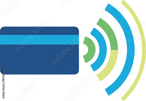 A stylized blue credit card emitting colorful green and blue radio waves, representing contactless payment technology, NFC transactions, and modern electronic banking systems.