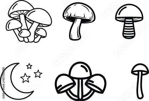 Black and white illustrations of various mushrooms and moon with stars