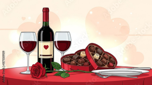 A romantic table setting with red wine glasses and bottle chocolates and rose on red tablecloth for valentine's day dinner