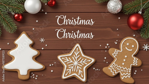Christmas cookies on a wooden table with festive decorations and ornaments