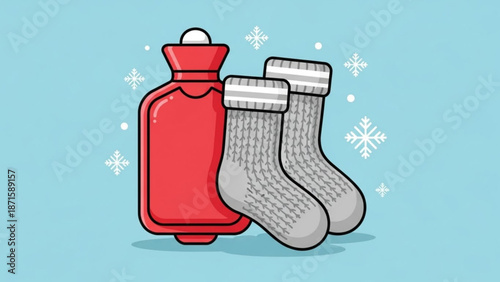 A red hot water bottle and a pair of gray woolen socks with snowflakes on a blue background for winter or cold weather concepts