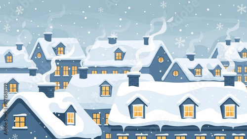 Snowy village scene with blue houses and yellow windows on a winter day with snowflakes