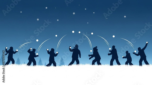 Silhouettes of people throwing snowballs on a snowy night with a starry sky