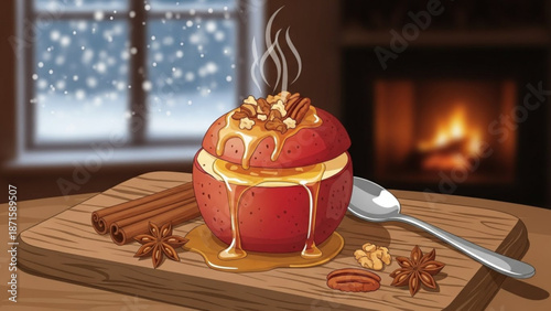 Baked apple with caramel sauce and nuts on a wooden board by the fireplace