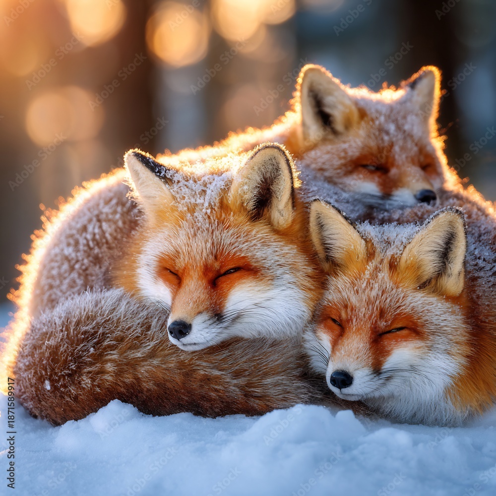 Fototapeta premium Fox family curled together in snow near forest edge winter sunset light frosty air detailed fur texture warm emotional wildlife scene