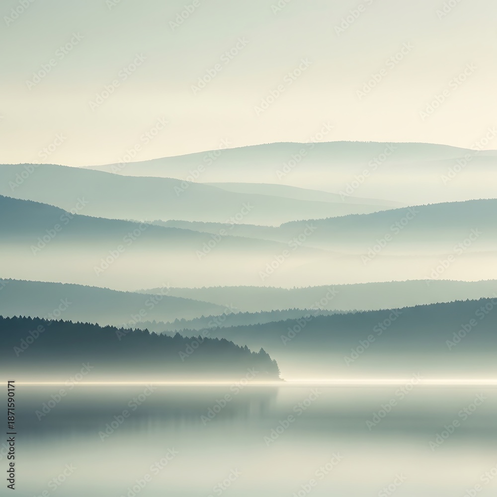custom made wallpaper toronto digitalFoggy Morning Mist Over Layered Mountain Ranges Reflected on Calm Lake Surface with Soft Pastel Tones and Serene Atmosphere
