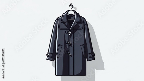 A dark navy blue double breasted coat with lapels hangs on a white hanger against a plain white background with shadow