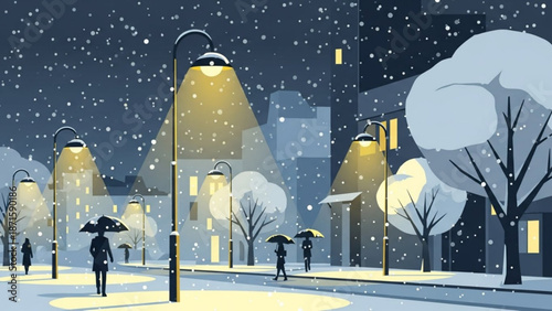 People walk under umbrellas on snowy city street at night with streetlights