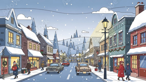 Snowy town street with vintage cars and people walking on sidewalk in winter