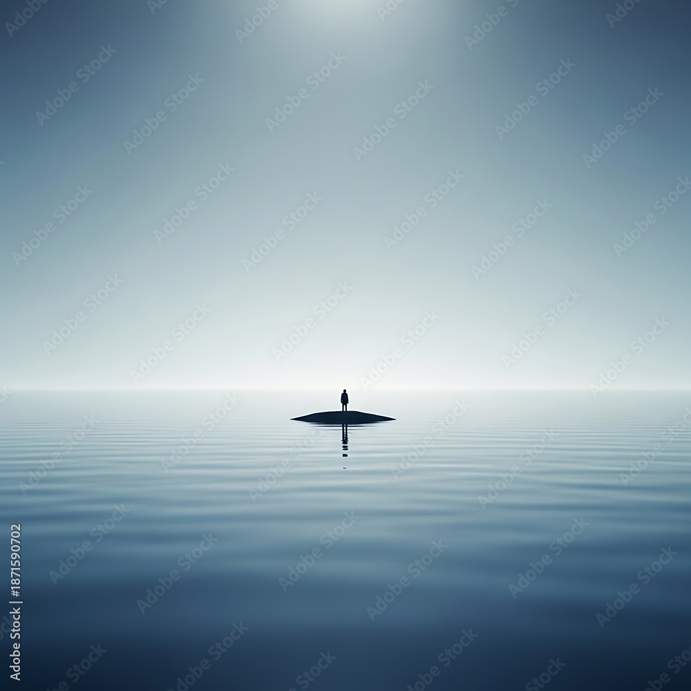 Fototapeta premium Calm Paddleboarding Solo Adventure on Tranquil Ocean Waters at Sunrise with Minimalist View and Serene Atmosphere