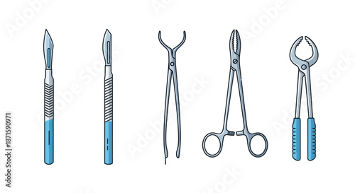 Dental surgical instruments - Scalpels, forceps, and extraction tools.