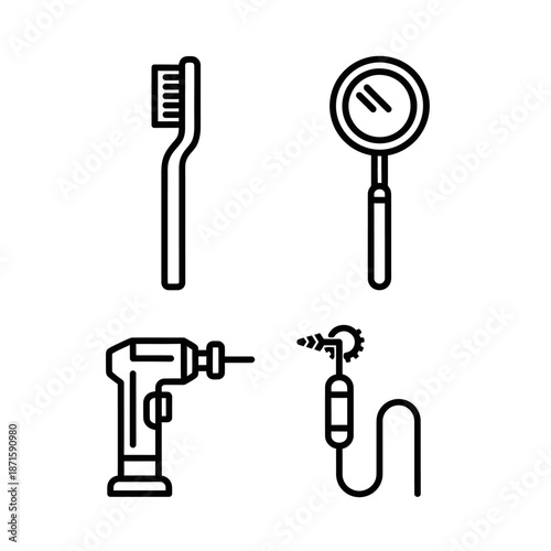 Dental Tools Outline - Toothbrush, Mirror, Drill, and Polisher in Minimalist Style.