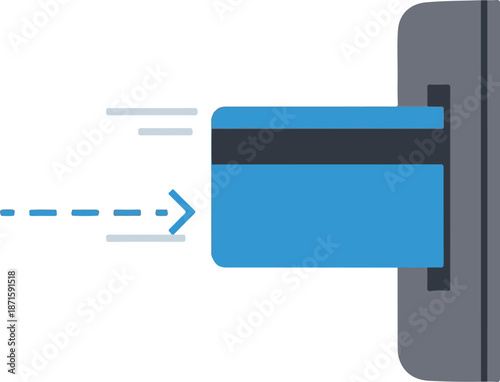 A flat vector illustration depicts a blue credit card being inserted into a grey payment terminal or ATM slot, featuring motion lines to indicate a transaction in progress.